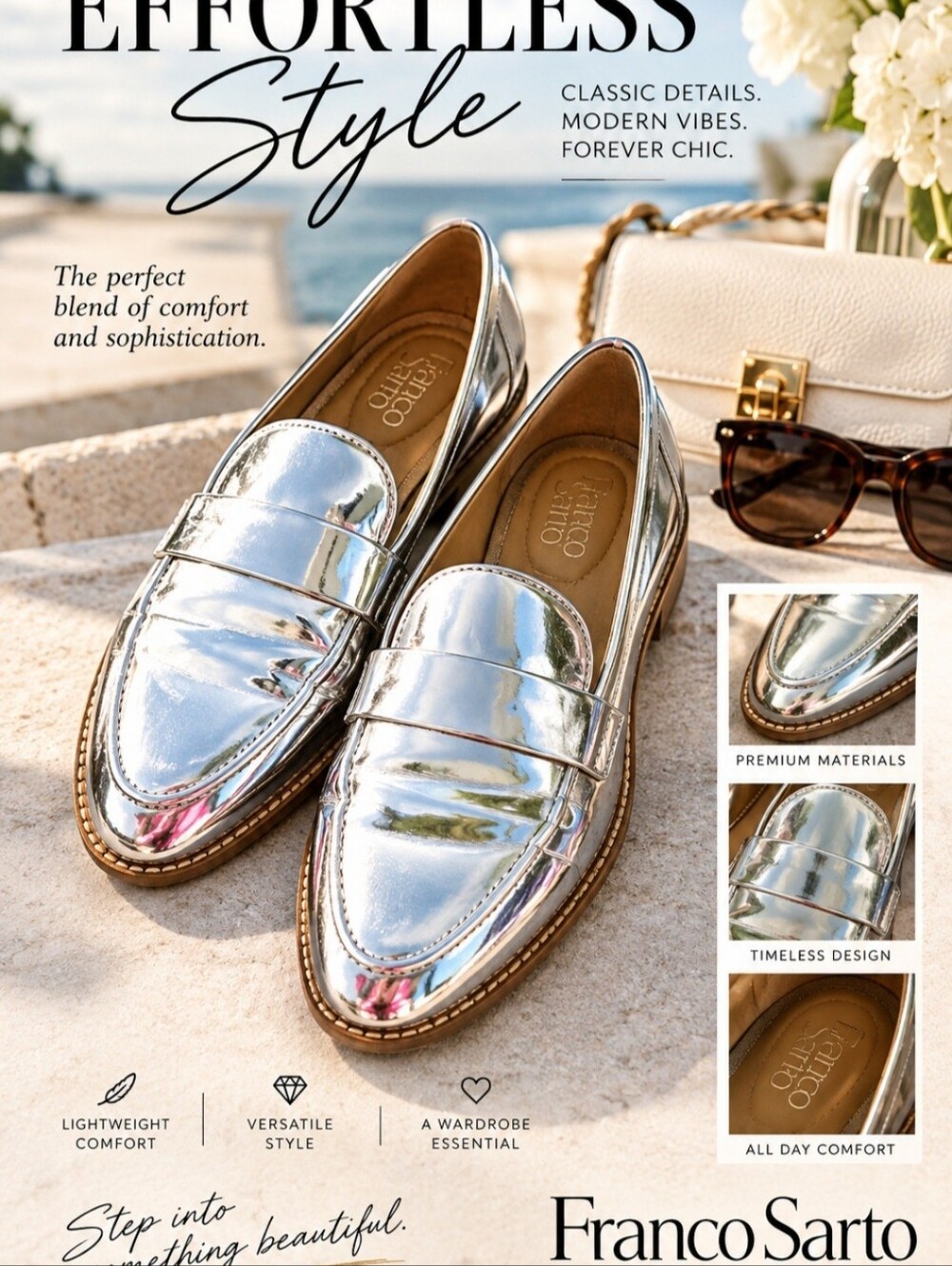 Franco Sarto Hudley Loafer. Silver Chrome Metallic Loafers Size 7.5